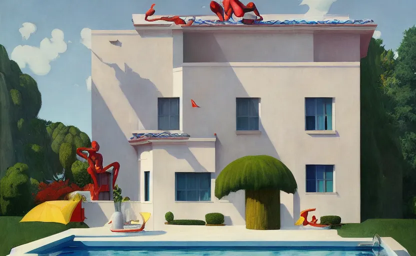 Image similar to A villa with a big pool, very coherent, painted by Edward Hopper, Wayne Barlowe, painted by James Gilleard, airbrush, art by JamesJean