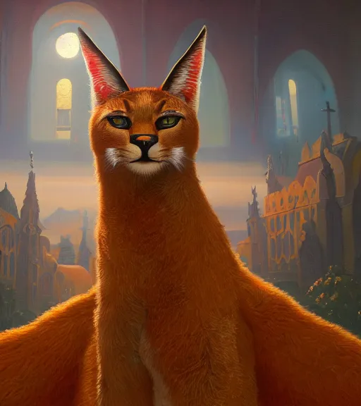 Prompt: closeup of anthropomorphic caracal in vr in golden clothes in orthodox church with orthodox icons, darkness noir surreal, art by loish rhads ferdinand knab lois van baarle tom bagshaw, global illumination, radiant light, highly detailed, octane render, 8 k