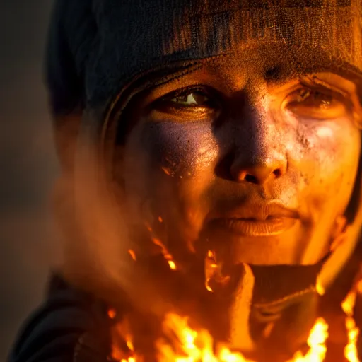 Image similar to photographic portrait of a poor techwear woman holding back tears, a futuristic shanty town burns in the background, closeup, sigma 85mm f/1.4, 4k, depth of field, high resolution, 4k, 8k, hd, full color