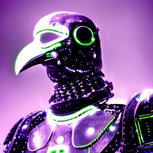 Prompt: crow wearing cybernetic armour, leds, dark background, close - up, futuristic technology, soft glow