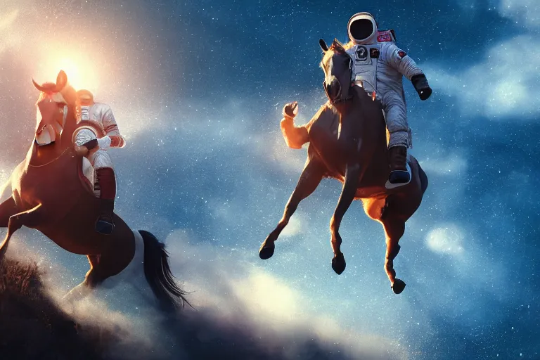 Prompt: a horse on top and an astronaut on bottom, horse is riding on the astronaut, 4 k, ultra details, cinematic, epic style, beautiful photo, hyper realistic, octane render, unreal engine, award winning, on artstation, volumetric lightning, masterpiece, golden hour,