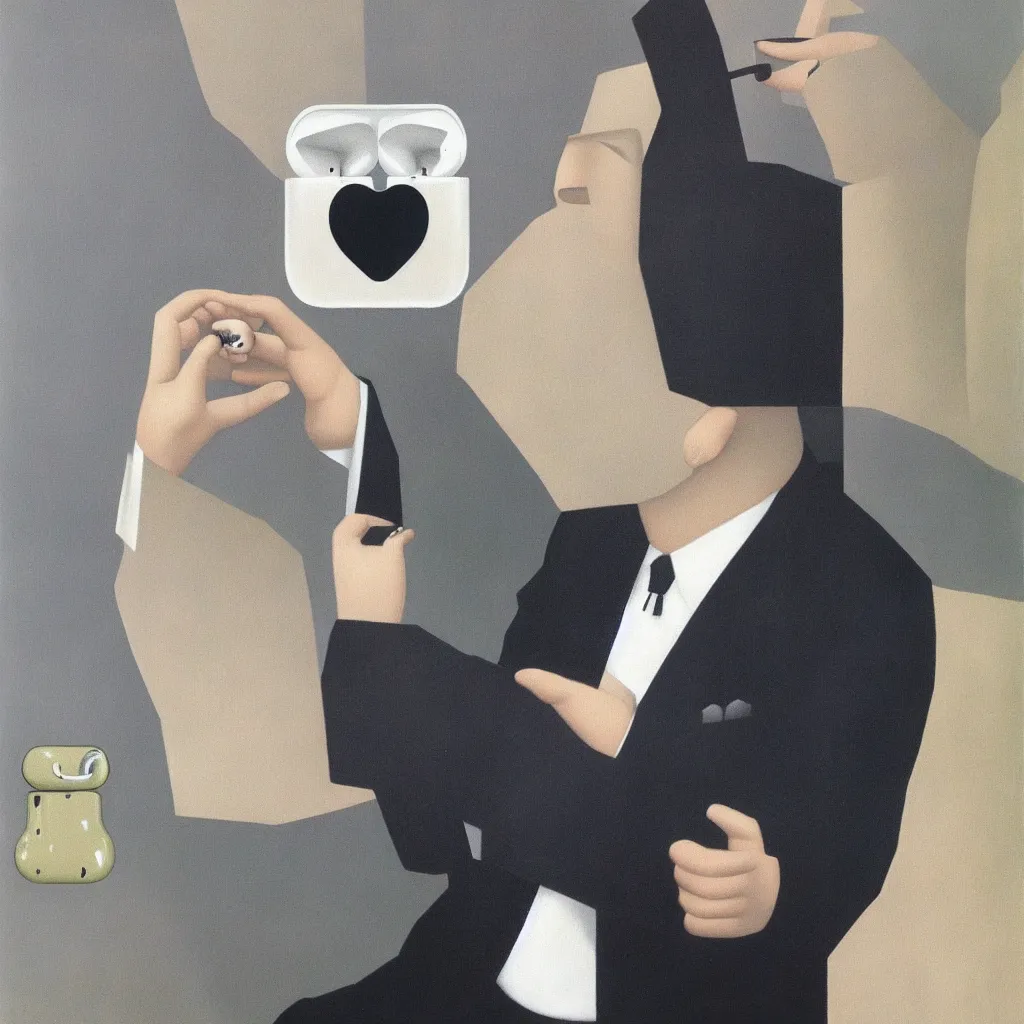 Image similar to i, a man wearing airpods pro and playing his iphone, by rene magritte