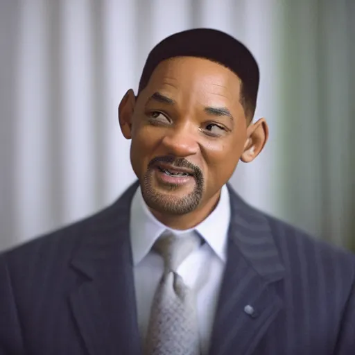 Image similar to a cinematic film still of Will Smith starring as Barack Obama, portrait, 40mm lens, shallow depth of field, close up, split lighting, cinematic