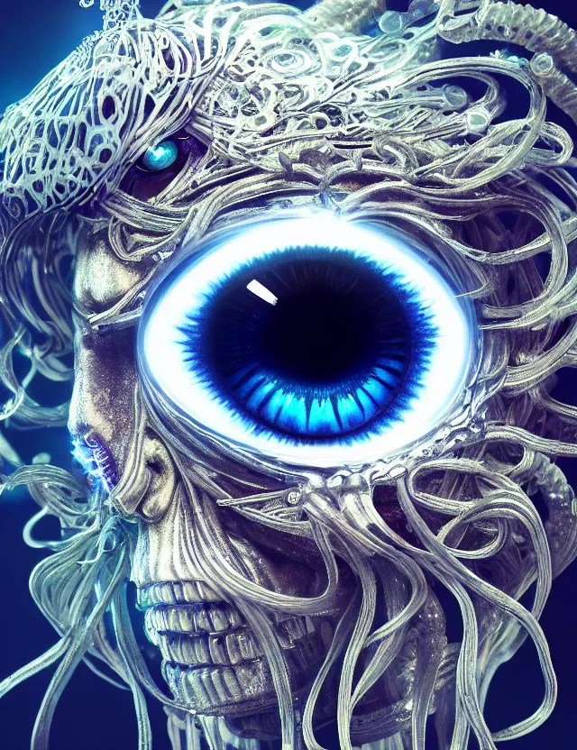 Image similar to eye of god macro close - up portrait with mask made of ram skull. betta fish, jellyfish phoenix, plasma, ice, water, wind, creature, super intricate ornaments artwork by tooth wu and wlop and beeple and greg rutkowski