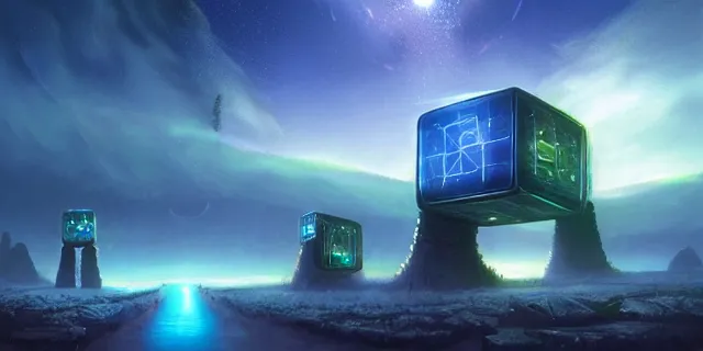 Image similar to a fleet of giant glowing futuristic cubes tied to each other with chains in the sky, a fantasy magical landscape seen in the distance, atmospheric lighting, intricate, volumetric lighting, beautiful, sharp focus, ultra detailed, in the art style of marc simonetti, bowater charlie and brom gerald, astrophotography