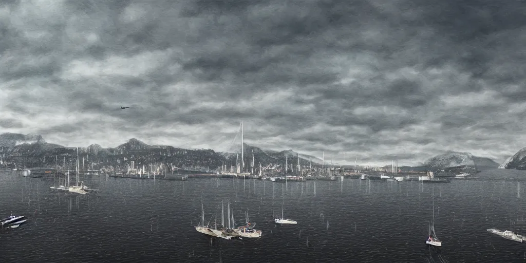 Prompt: cinematic photograph of the victoria harbor in british columbia, orwellian, ultra realistic, intricate, digital painting, ambient, by felicie haymoz and jamie hewlett, industrial art style, 3 5 mm film grain, artstation