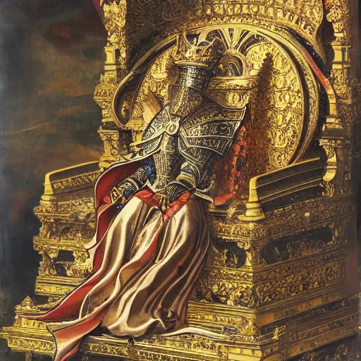 Prompt: a king covered in a suit of ornate brass armor sitting on a throne with leg crossed, a window behind him shows a view of space, by yoshitaka amano, oil paint