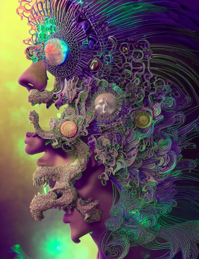 Prompt: 3 d goddess close - up profile solarpunk portrait ram skull. beautiful intricately detailed japanese crow kitsune mask and clasical japanese kimono. betta fish, jellyfish phoenix, fractal flame, holographic, bio luminescent, plasma, ice, water, wind, creature, artwork by tooth wu and wlop and beeple and greg rutkowski