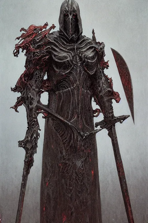 Prompt: Distorted god knight in robe with a giant reaper scythe, dark fantasy, intricate, highly detailed, smooth, artstation, painted by Wayne Barlowe, zdislav beksinski, Francis Bacon