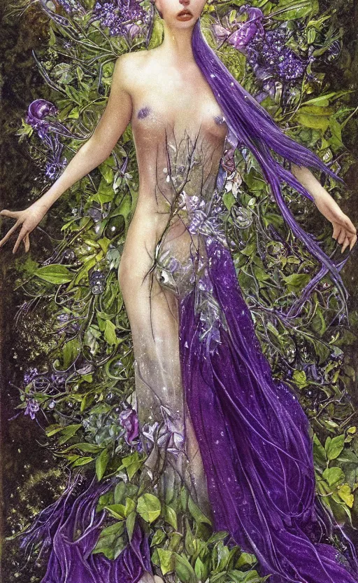 Image similar to fey queen of the summer forest, dress of leaves, fine features, thin, young, clothed, silver shimmering hair, by brian froud, stars, night colors, night, darkness, purple blue black, oil on canvas, oil panting