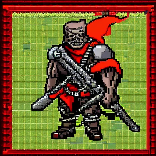 Prompt: Orc male readies his rifle, staring down the telescopic sights. His red and gold cape fluffers in the wind, and his renaissance era armor glistens in the sunshine, pixel art 128x128 MS-DOS Heroes of Might and Magic