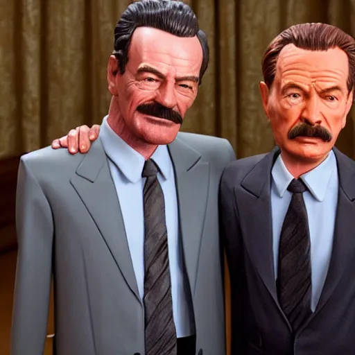 Prompt: wax figures of bryan cranston selling a ziploc of baby blue meth to stalin