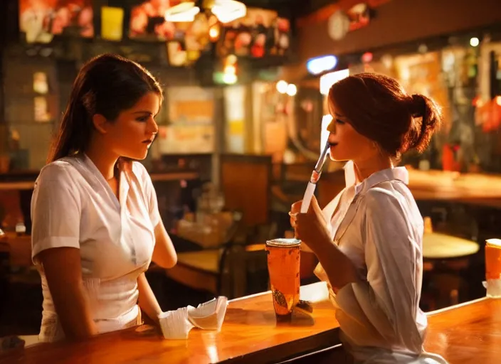 Image similar to a candid, color cinema film still of a selena gomez as a waitress at hooters having a cigarette out back, cinematic lighting at night.