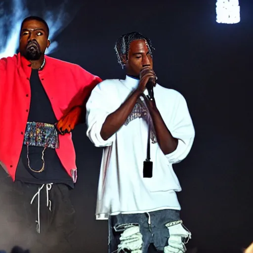 Prompt: Kanye west and Travis Scott performing while raining at plaza de bolivar in armenia quindio