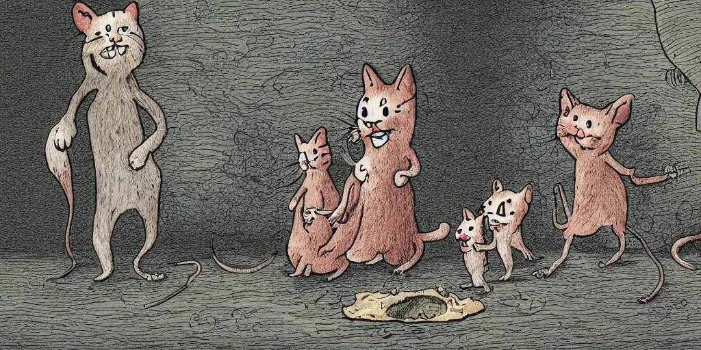 Prompt: a digital illustration of a happy cat haunting a family of mice at the edge of madness