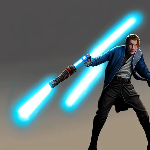 Prompt: jerma 9 8 5 wielding a blue lightsaber, jedi concept art, character concept art, detailed painting, dramatic lighting, trending on artstation