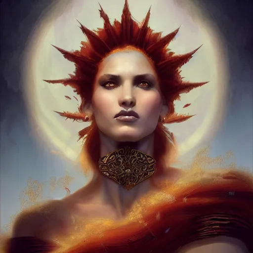 Image similar to portrait of fire goddess, hair of fire, iridescent eyes, fantasy, intricate, elegant, highly detailed, digital painting, artstation, concept art, matte, sharp focus, illustration, art by aenaluck and roberto ferri and greg rutkowski, epic fantasy, digital painting