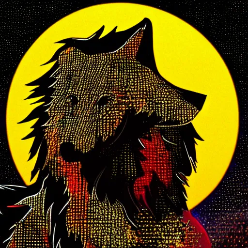 Image similar to a crystal wolf in front of a full moon, pop art, high definition