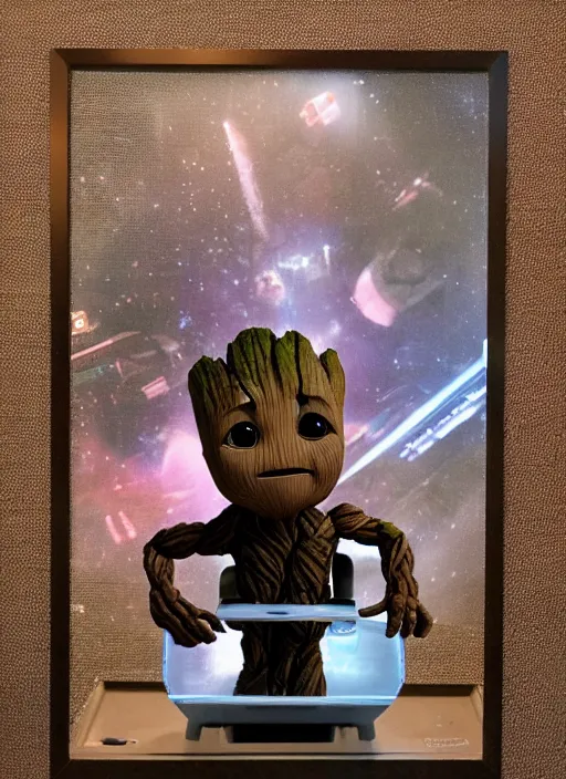 Prompt: baby groot sitting in the captains chair of the uss enterprise, photo realistic, centered in frame