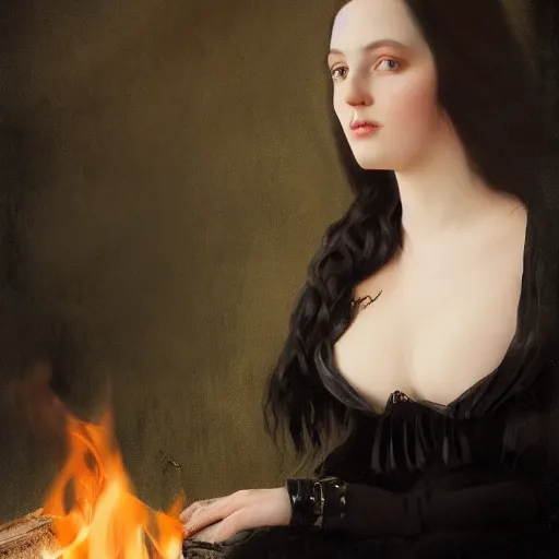 Image similar to a beautiful young woman, pale skin, black long hair, aristocrat, black expensive dress from 1 8 6 0, illuminated by campfire, oil painting, digital art, studio photo, realistic, artstation, high quality, wild west