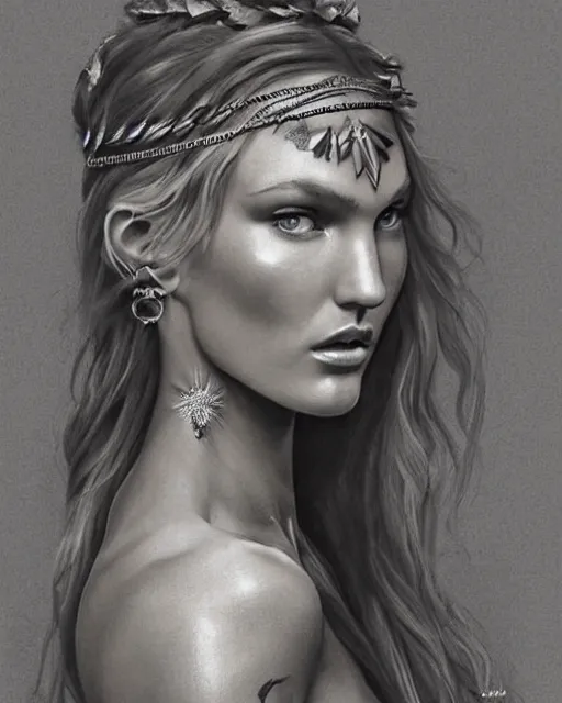 Prompt: realism tattoo sketch of candice swanepoel as a beautiful greek goddess aphrodite with piercing eyes wearing a laurel wreath and triangle earrings, in the style of greg rutkowski, amazing detail