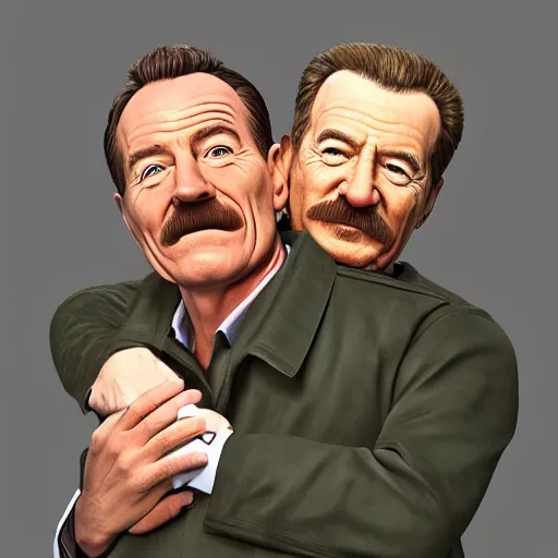 Image similar to Bryan Cranston hugging Stalin, 4k, photorealistic, hd, realistic, insanely detailed