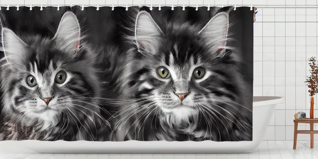 Prompt: a animated maine coon kitten artwork themed shower curtain, shower curtain. digital art. product photography. product lighting. 4 k, highly detailed. saturated.