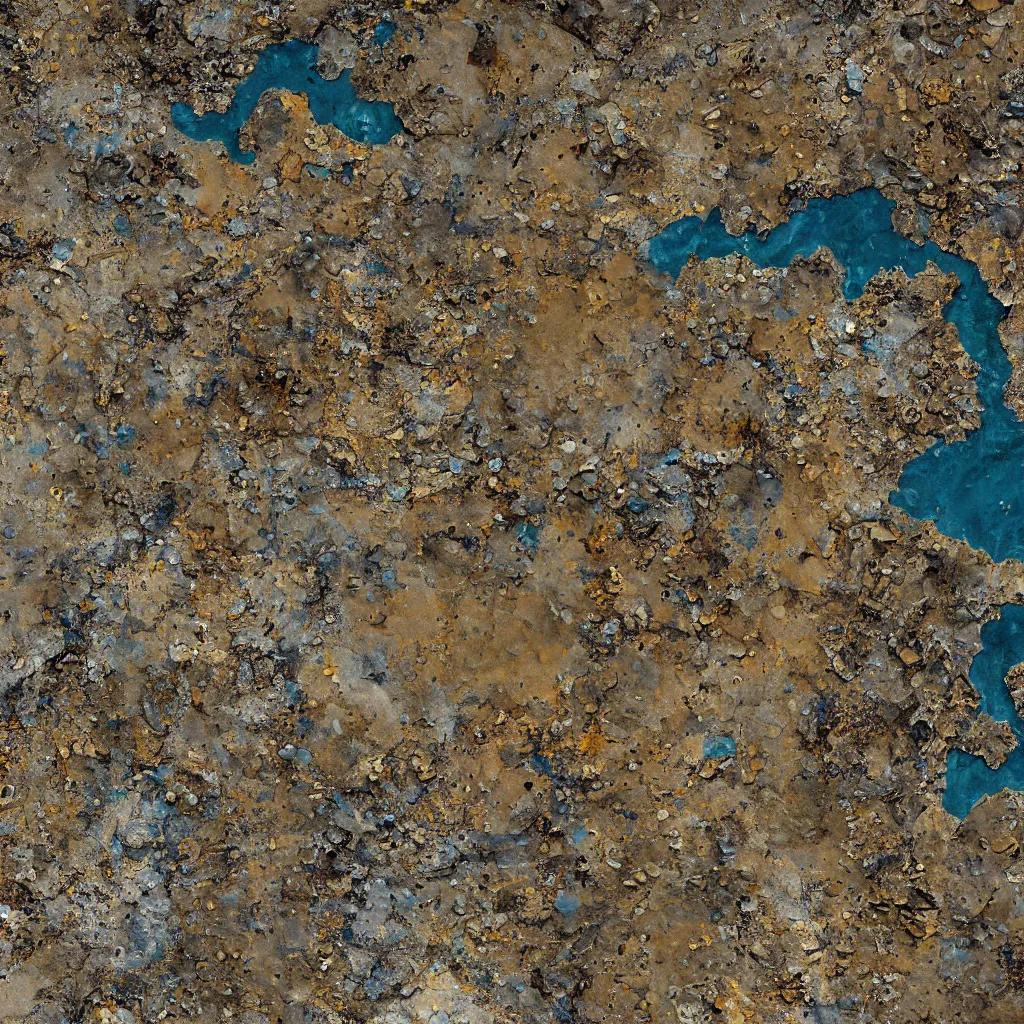 Image similar to A photograph shot from Landsat and Sentinel satellites of an extremely ornated, cyberpunk, highly textured and detailed landscape seen from an high precision lens where the remains of an hightech civilization are visible and full of colours, rivers and cracks of gold and azure stones with an extremely varied color palette, very detailed, 8K, photorealistic, high detail, 3D, Unreal Engine 5, photorealistic lightning and shadows