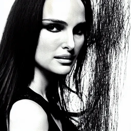 Prompt: “Natalie Portman portrait, red black white colors, long white hair, space on the background, red eyes”