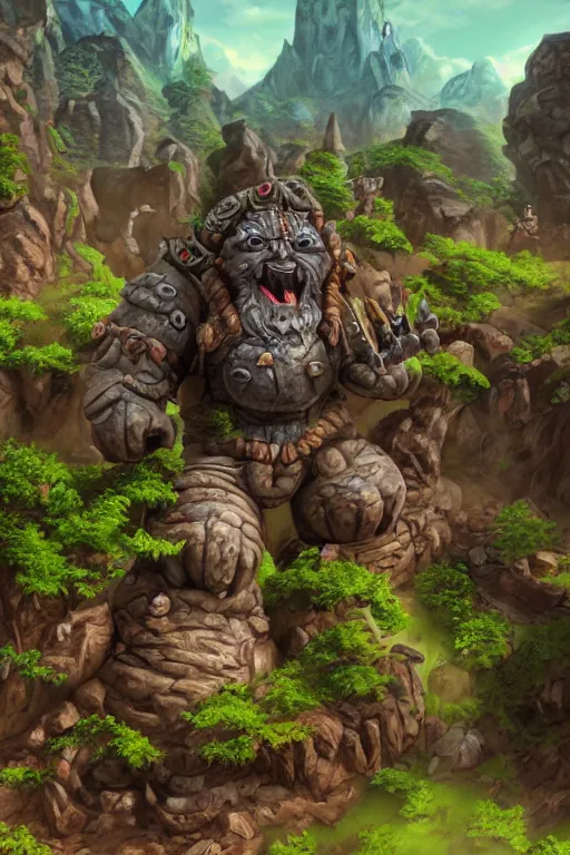 Image similar to zelda fantasy art giant golem troll wood rock greeble gemstone, global illumination ray tracing hdr fanart arstation by sung choi and eric pfeiffer and gabriel garza and casper konefal