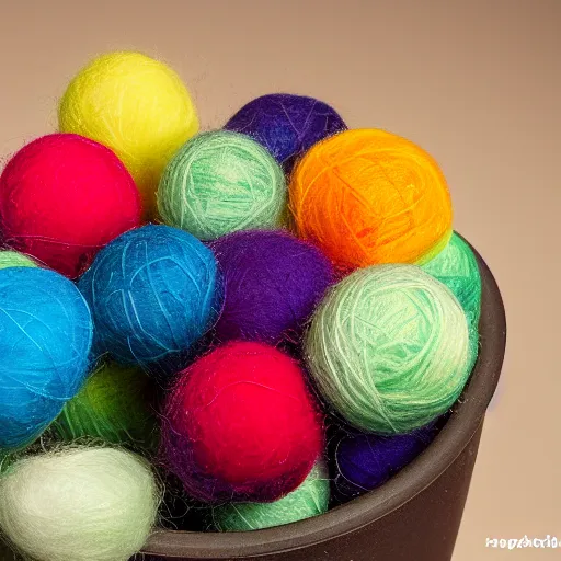 Prompt: hairy colorful balls of yarn in the shape of a halite, 35mm, f1.4, bokeh