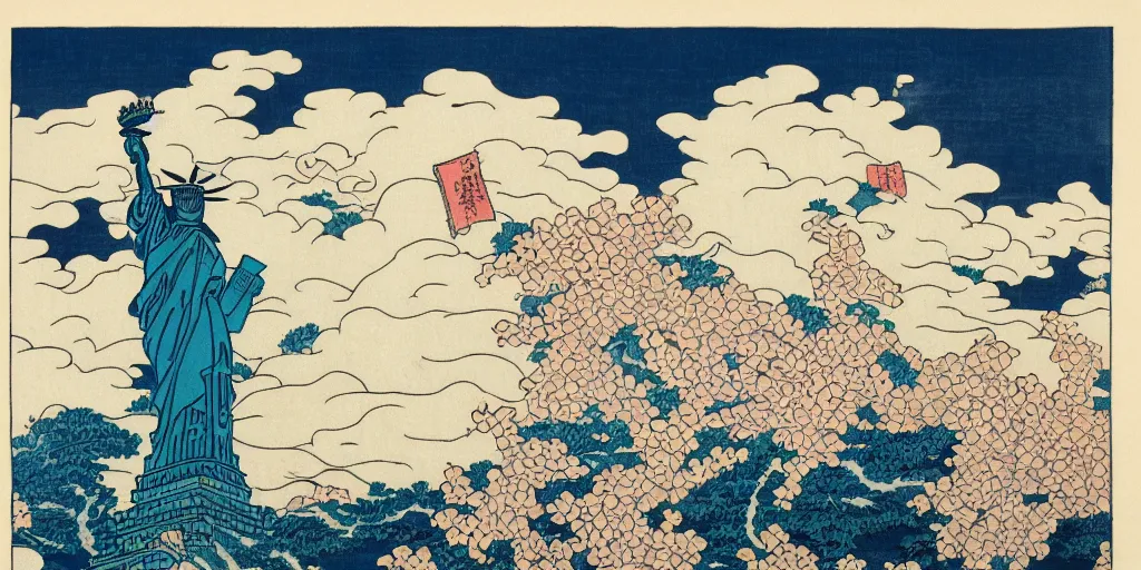 Image similar to i, Statue of liberty by Hokusai