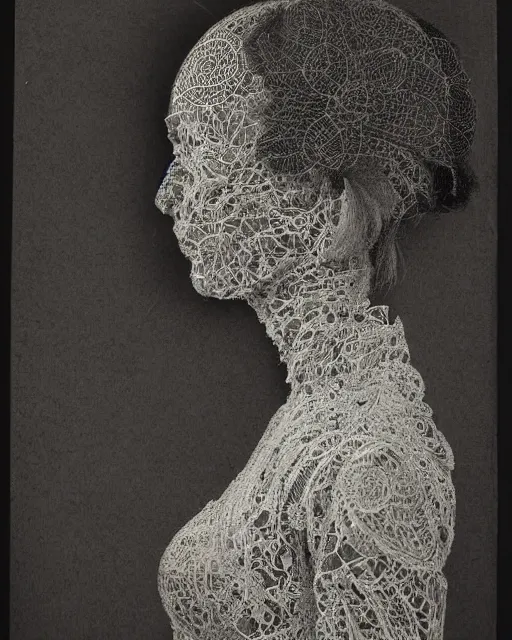 Image similar to a woman's face in profile, made of intricate decorative lace leaf skeleton, in the style of the dutch masters and gregory crewdson, dark and moody