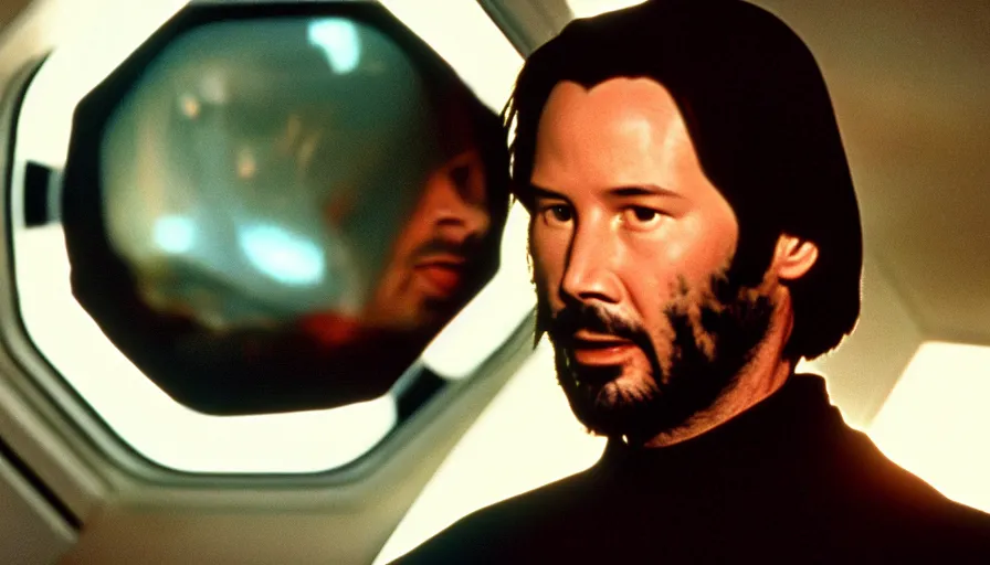 Prompt: 1 9 6 0 s movie still of keanu reeves, 2 0 0 1 a space odyssey, cinestill 8 0 0 t 3 5 mm, high quality, heavy grain, high detail, panoramic, cinematic composition, dramatic light, ultra wide lens, anamorphic, flares