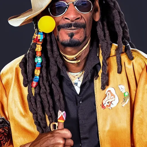 Prompt: snoop dog as a cowboy on horseback next to a clown