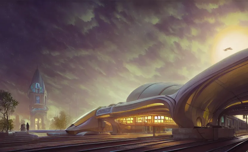 Image similar to exterior shot of utopian train station with cinematic lighting by zaha hadid and renzo piano, darek zabrocki and greg ruthkowski, alphonse mucha, simon stalenhag, cinematic, holy place, paradise, scifi, futurism, atmospheric, sunset, concept art, artstation, trending on artstation