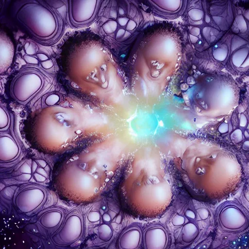 Prompt: closeup of beautiful multiracial human bodies intertwined, bodies blooming, 3 d fractals, mandelbulb, dripping wet, skin, macro photography, anamorphic bokeh, long exposure, highly detailed, hyperrealism, cinematic