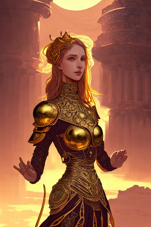 Image similar to portrait knights of zodiac girl, golden and copper armor, in ruined agora of athens sunrise, ssci - fi and fantasy, intricate and very very beautiful and elegant, highly detailed, digital painting, artstation, concept art, smooth and sharp focus, illustration, art by tian zi and wlop and alphonse mucha and ilya kuvshinov