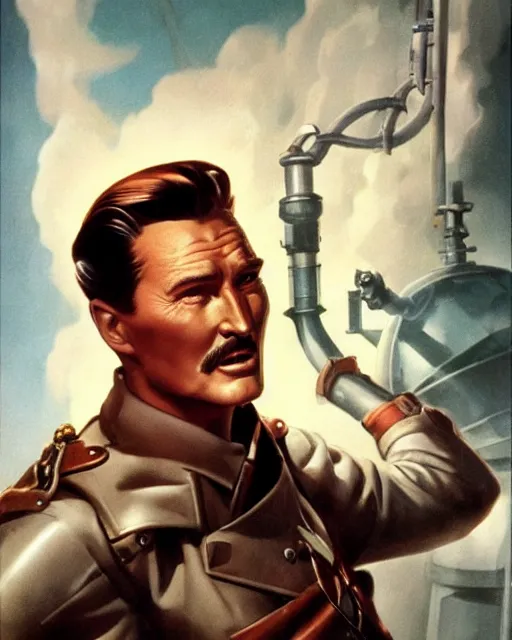 Image similar to Errol Flynn as a scientist. 1980s dystopian Soviet Russia, propaganda screens. Unreal engine, fantasy art by Jesper Ejsing. Faithfully depicted facial expression, perfect anatomy global illumination, radiant light, detailed and intricate environment