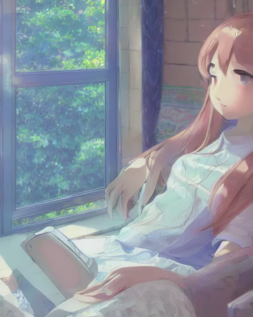 Image similar to a full shot of a teenage girl chilling in her dorm, moe, kawaii, pretty, lovely, detailed face, digital art by makoto shinkai and claude monet