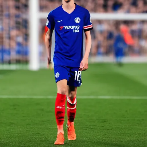 Image similar to kai havertz walking into the stamford bridge stadium, crowd cheering, bright lights, clear image, award winning dslr photography, global illumination, radiant lighting