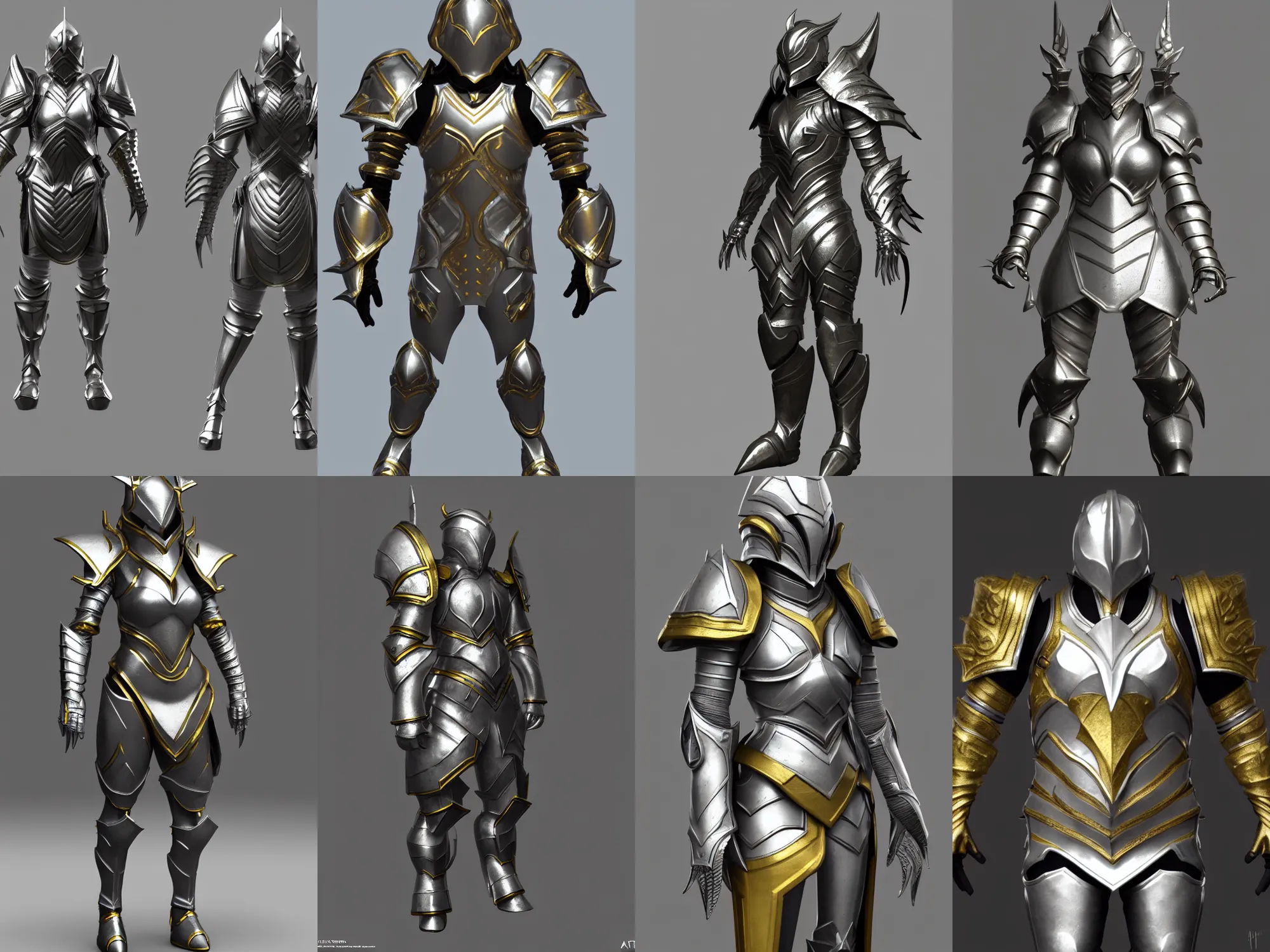 Prompt: render of medium fantasy armor, silver with gold trim, hyperrealistic, extremely clean, flat shading, exaggerated proportions, trending on Artstation, fantasy character concept, HD Octane render