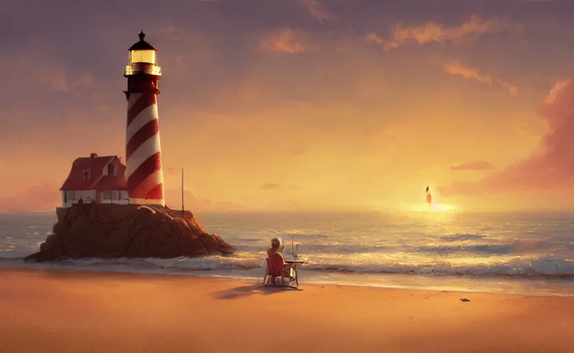 Prompt: painting of a beach chair at sunset with a lighthouse in background, natural light, concept art, by greg rutkowski, cozy atmospheric and cinematic lighting