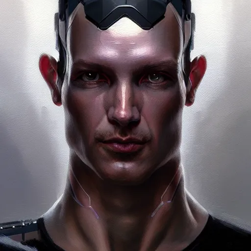 Image similar to cyborg man with cybernetic implants, beautiful, concept art oil painting, portrait ethereal by jama jurabaev, greg rutkowski extremely detailed, brush hard, artstation, soft light