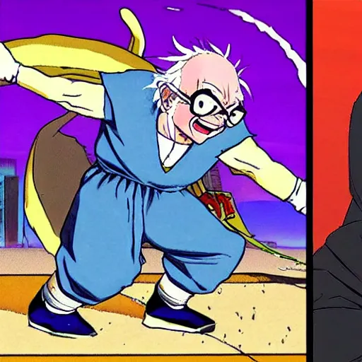 Image similar to bernie sanders fighting freeza in the art style of akira toriyama