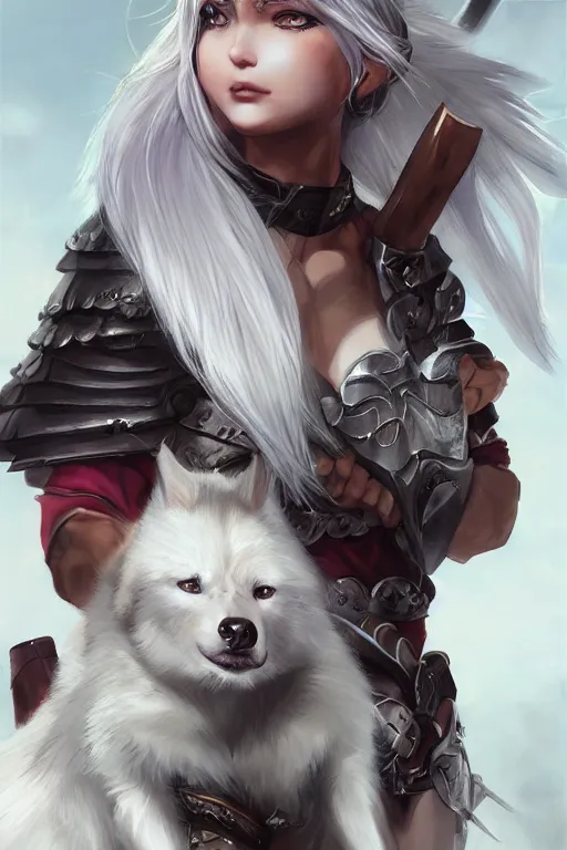 Prompt: A realistic anime portrait of a white haired female barbarian with a wolf companion, digital painting, by Stanley Artgerm Lau, Sakimichan, WLOP and Rossdraws, digtial painting, trending on ArtStation, SFW version