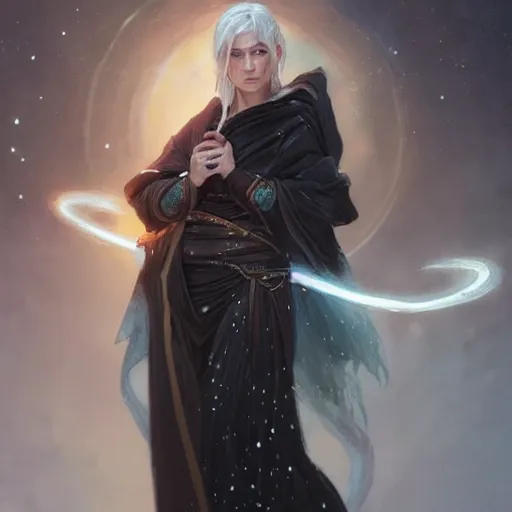 Prompt: portrait of a female aasimar druid with short white hair wearing a black robe covered in stars holding a bow, half body, fantasy, highly detailed, digital painting, artstation, concept art, character art, art by greg rutkowski and tyler jacobson and alphonse mucha