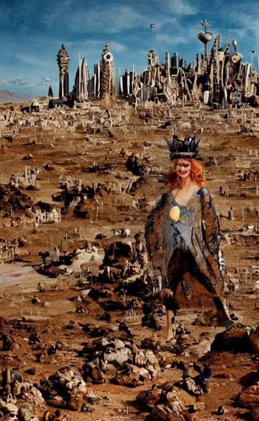 Image similar to salvador dali wearing a crown with jewels in a dry rocky desert landscape, visible sky and sunny atmosphere, alien city ruins in the background, film still from the movie by alejandro jodorowsky with cinematogrophy of christopher doyle and art direction by hans giger, anamorphic lens, kodakchrome, very detailed photo, 8 k