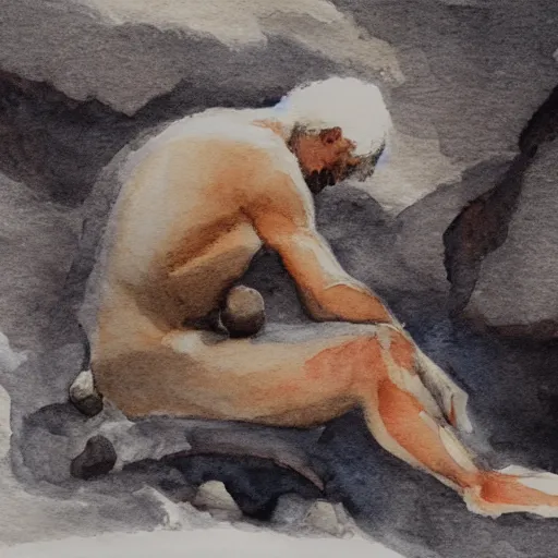 Image similar to snowy watercolor of sisyphus resting next to his boulder