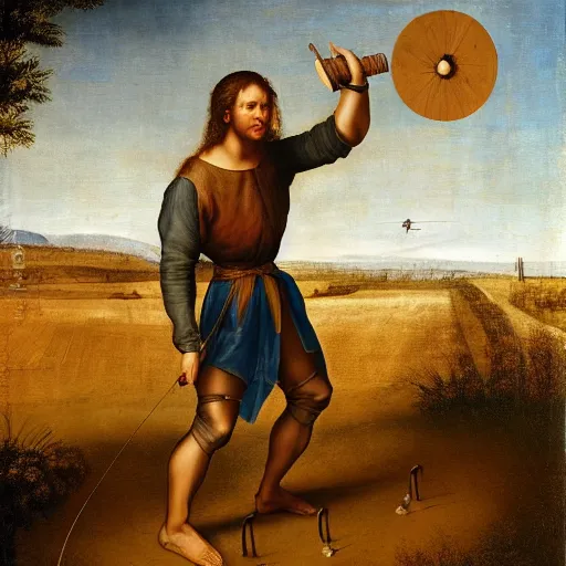 Image similar to dumb country boy playing horseshoes, biopunk, leonardo da vinci painting, high resolution,